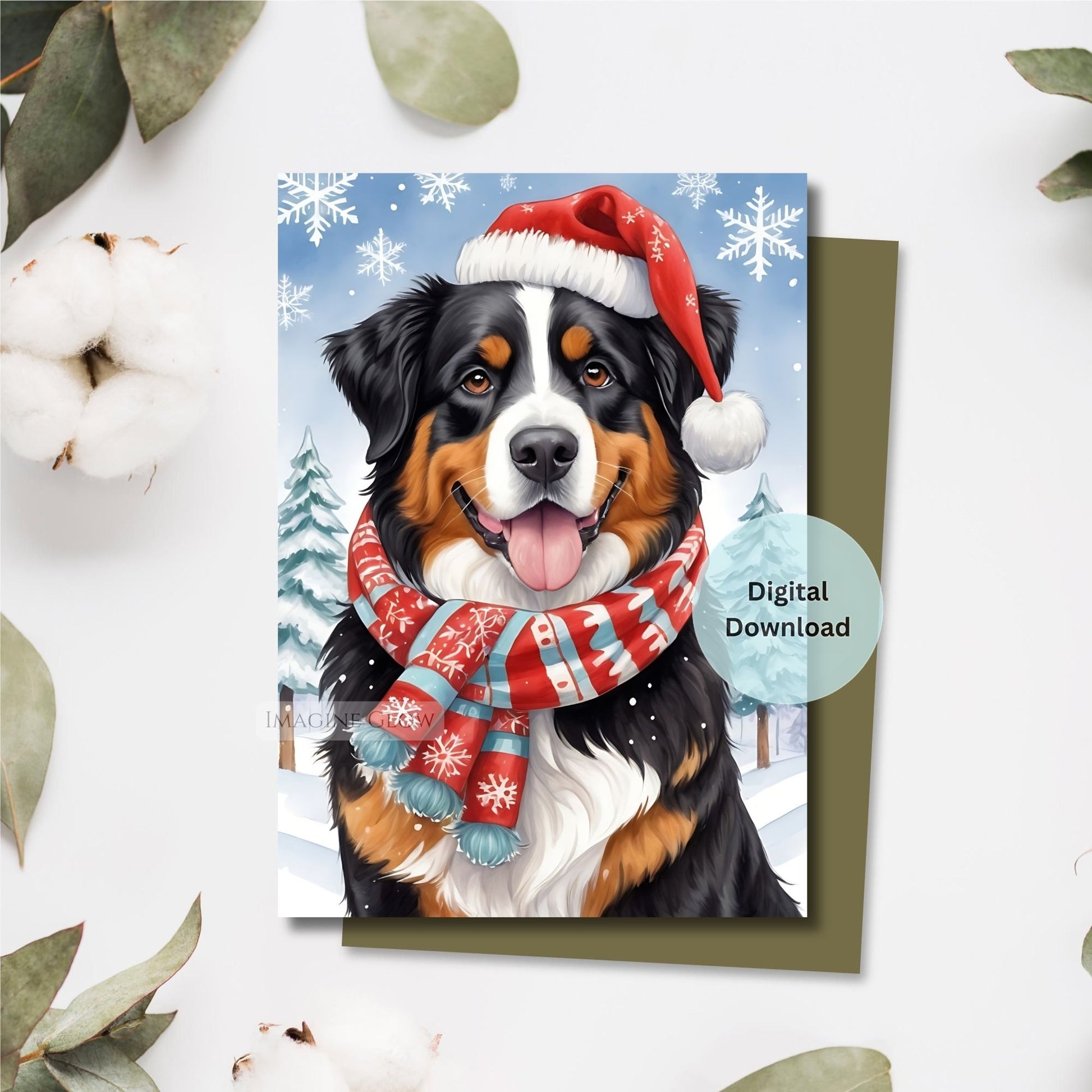 cute bernese mountain dog holiday greeting card
digital bernese christmas card for dog lovers
