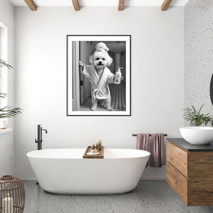 lack and white Bichon Frise print for restroom wall art and decor.
Funny bathroom photo of a Bichon Frise taking a bath in a bathtub.
