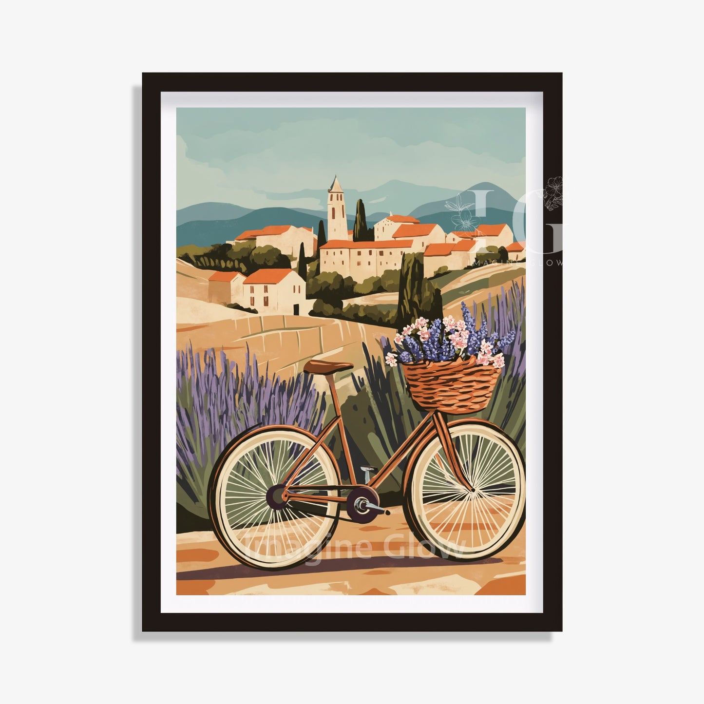 Bicycle in French countryside artwork with vineyards and lavender fields.