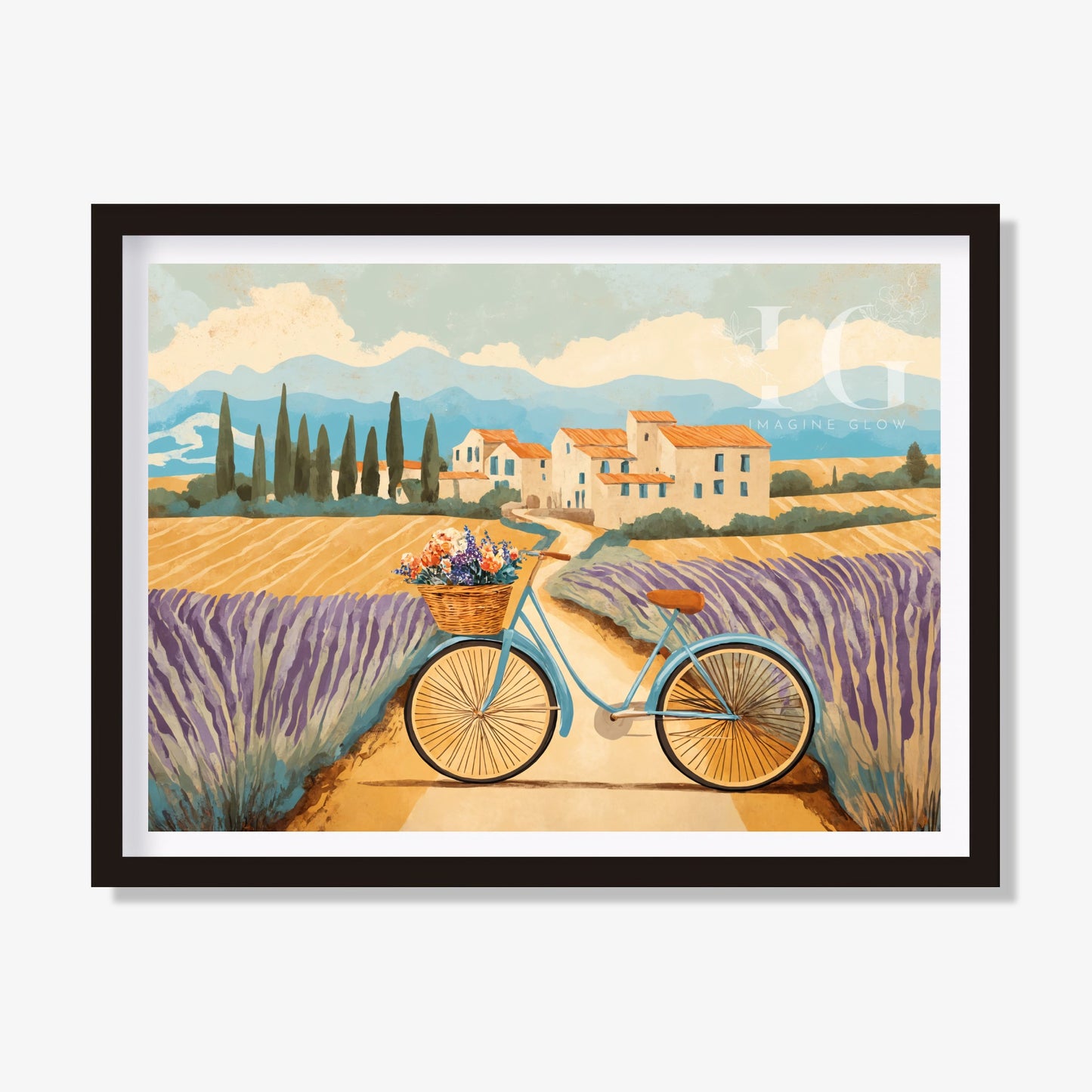 Bicycle artwork showcasing vineyards, lavender fields, and a rustic French village.
Vintage French countryside scene with a bike, fields, and charming homes.