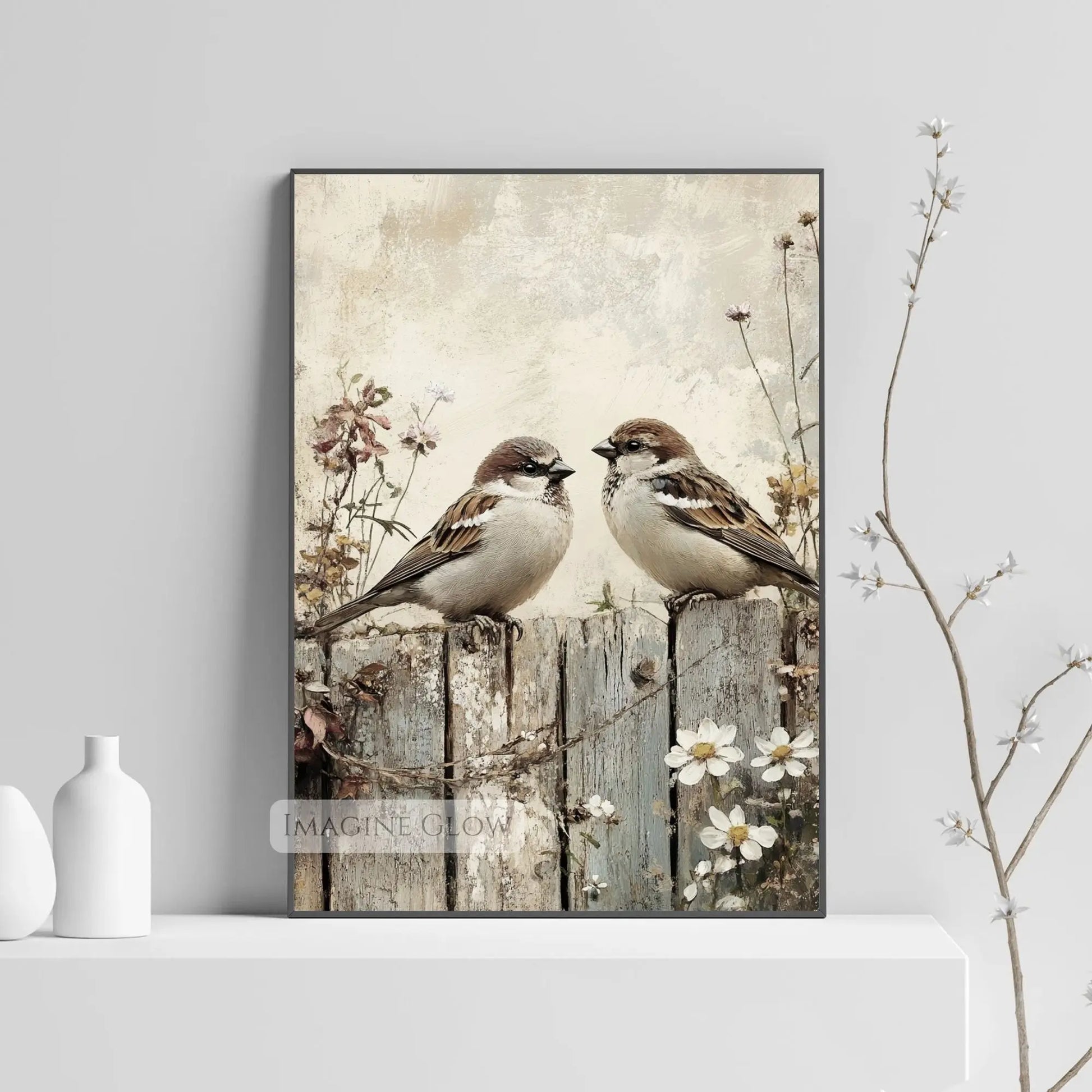 Vintage bird couple artwork for spring decor.

