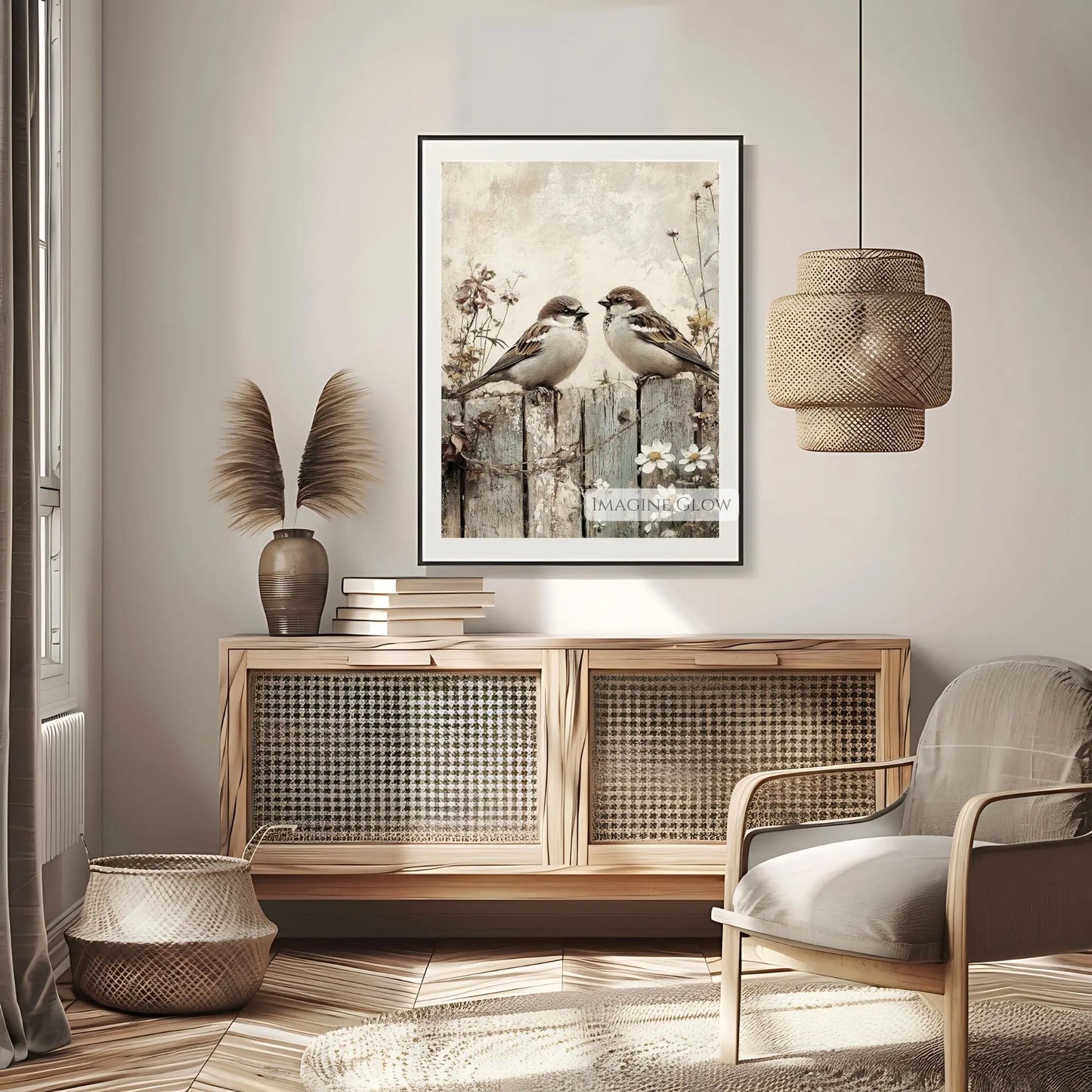 Timeless hand-drawn bird couple and flowers print.