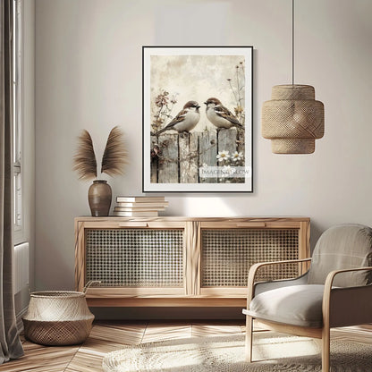 Timeless hand-drawn bird couple and flowers print.