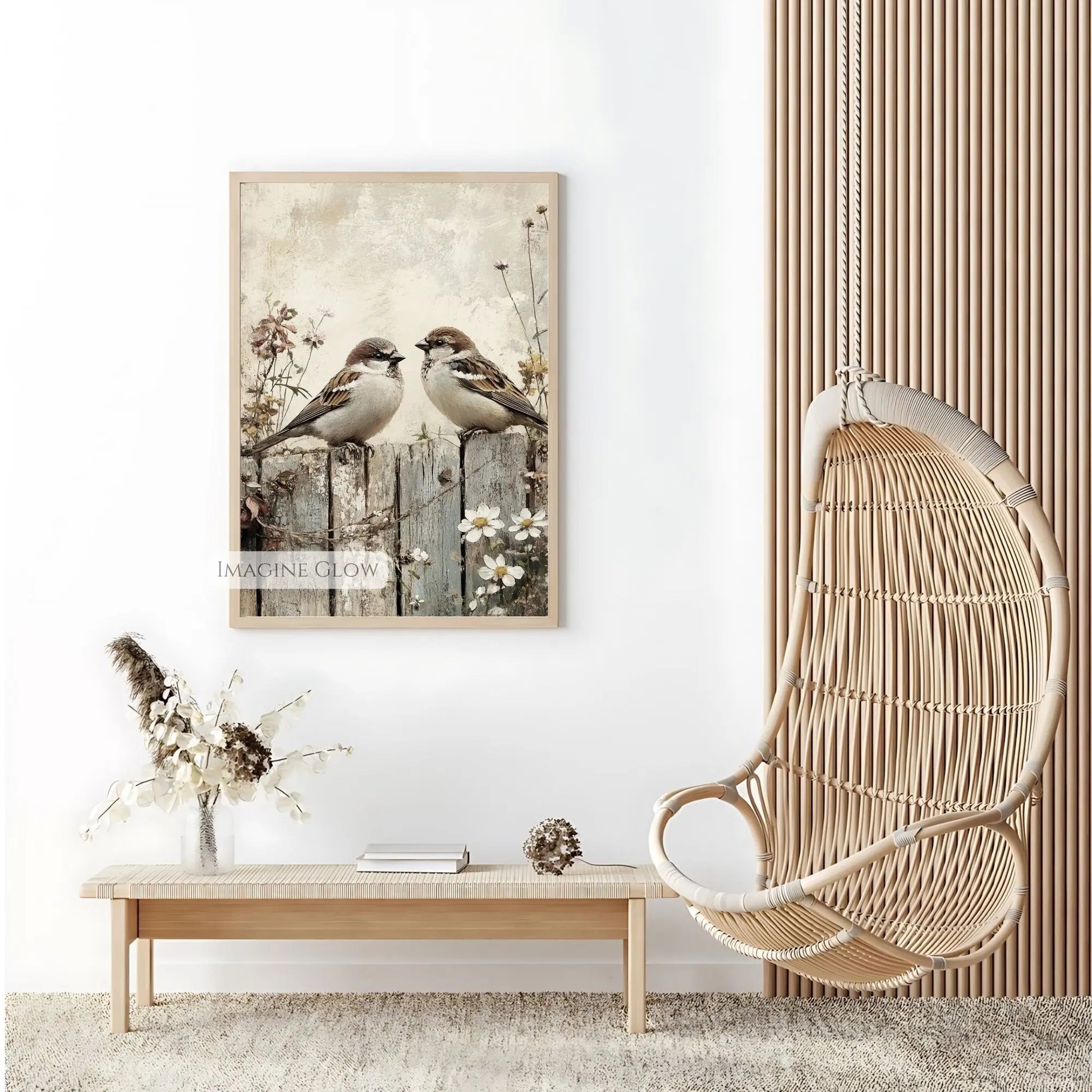 Bird couple on flowering branch botanical art.