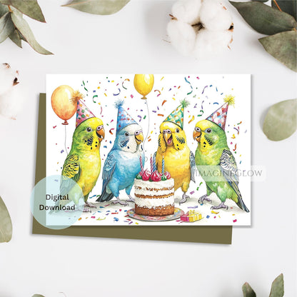 Birthday card with colorful parakeets around a cake on a white background