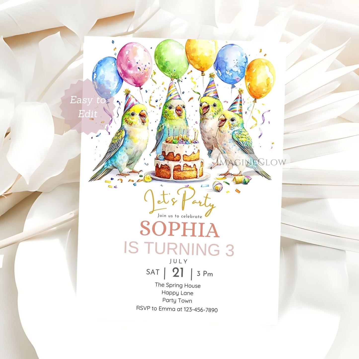 Bird themed birthday invitation with budgerigar design
