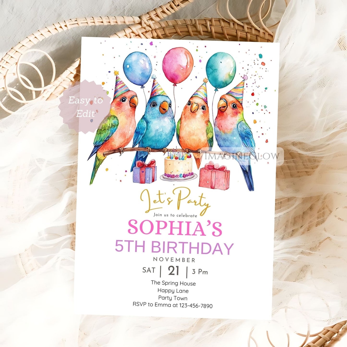 Cute bird party invitation with lovebirds
