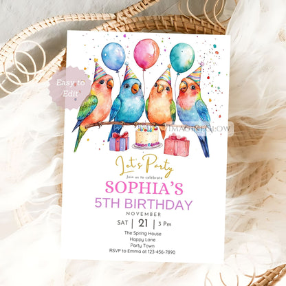 Cute bird party invitation with lovebirds

