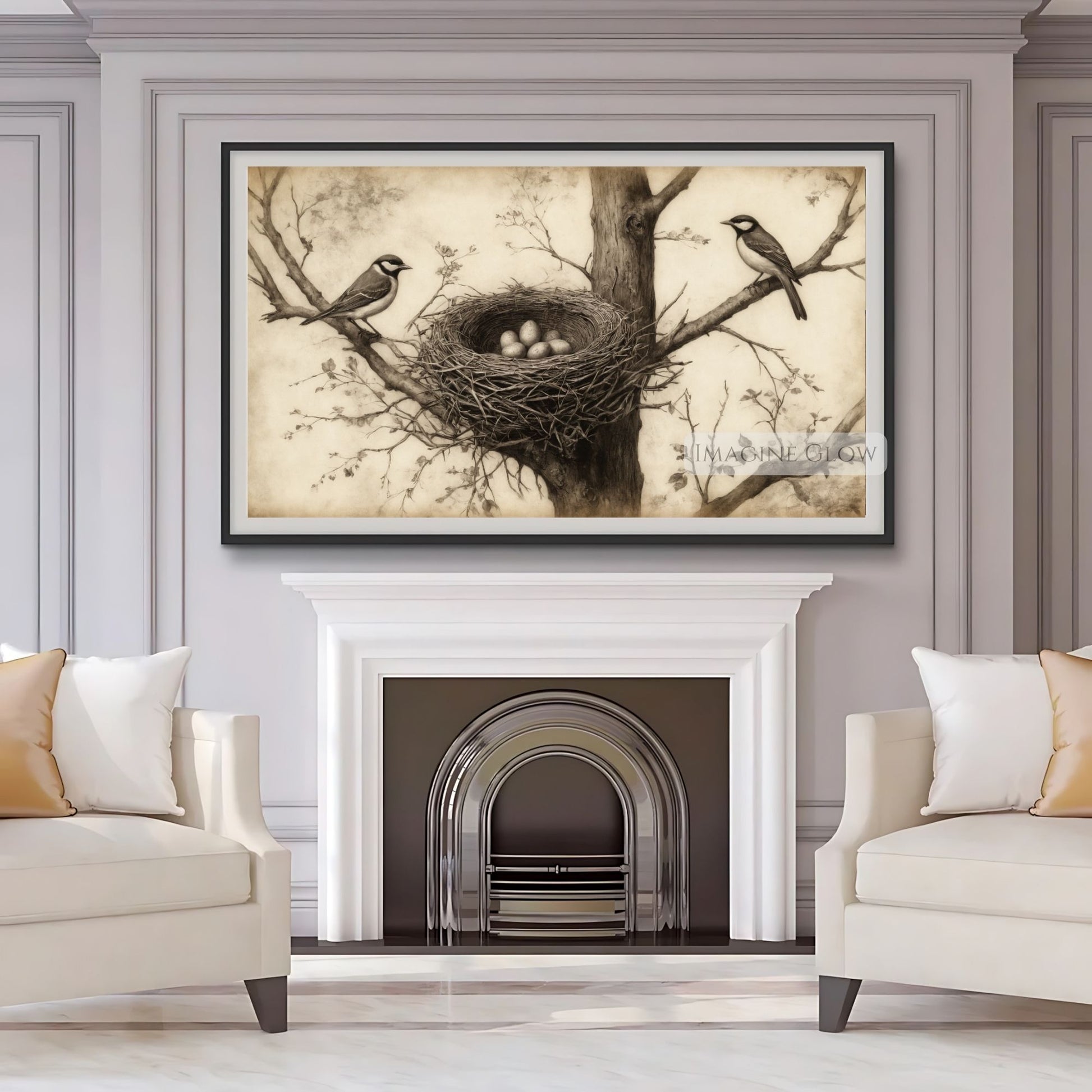 Digital Frame TV art featuring bird nest and eggs
