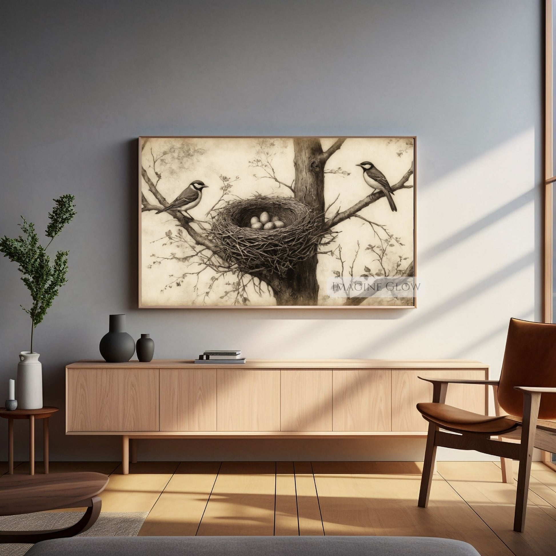 Nature-inspired bird nest design for Frame TV display
