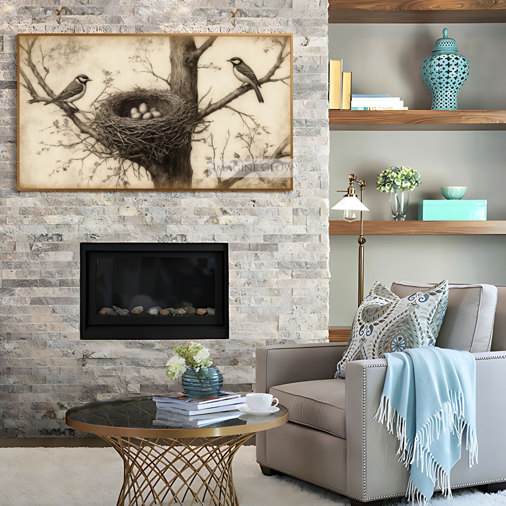 Bird nest vintage artwork for symbolic family decor
