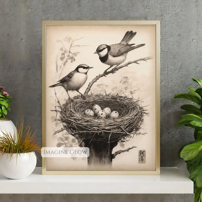 Spring painting of a bird nest with delicate eggs
