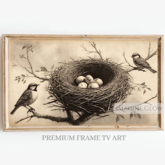 Vintage bird nest painting with eggs and spring theme
