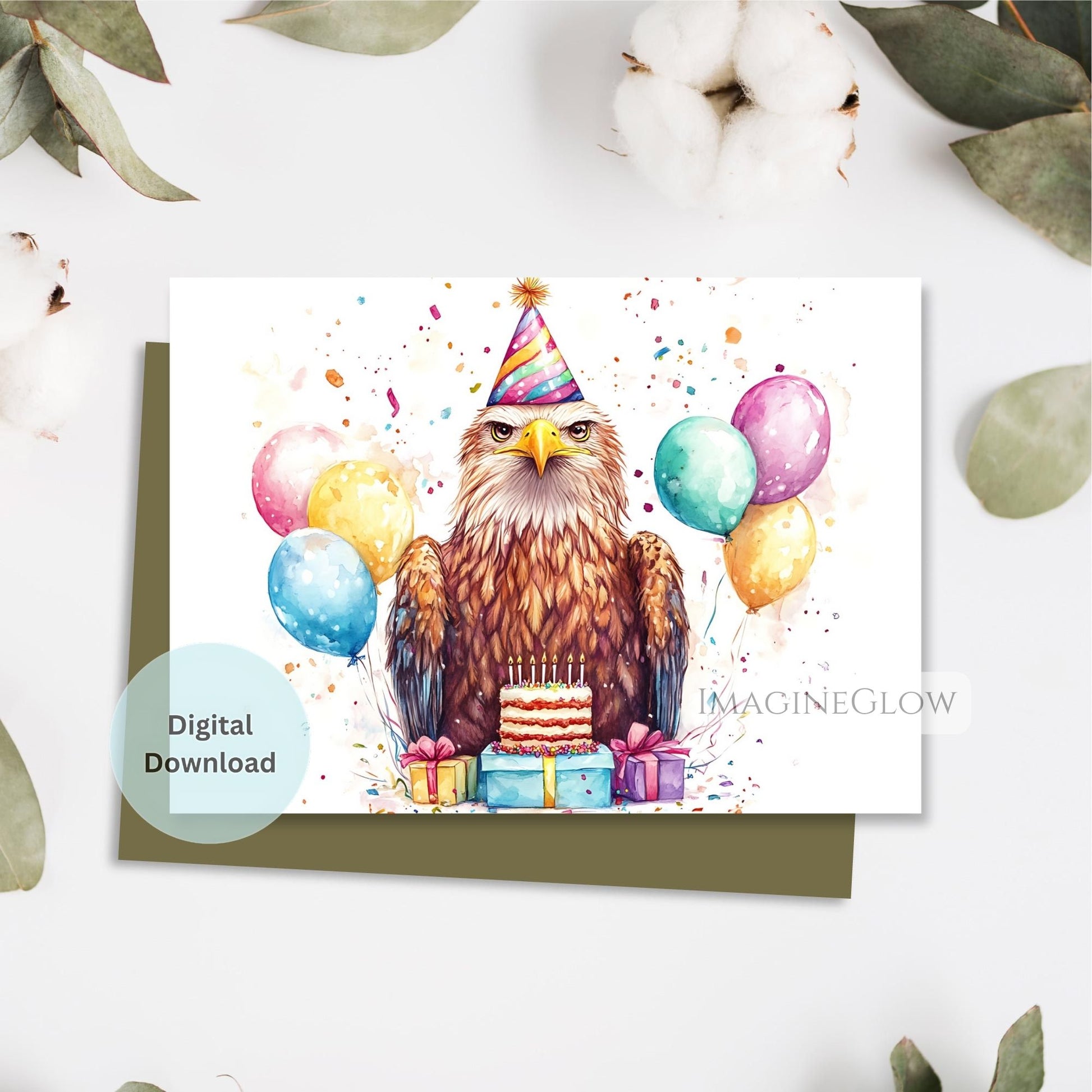 Birthday card with an eagle holding balloons and a cake on a white background