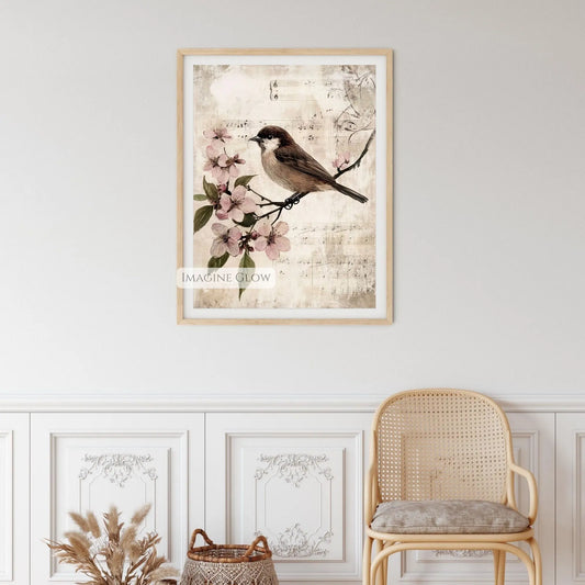 Vintage bird print with bird perched on blossoming branch
