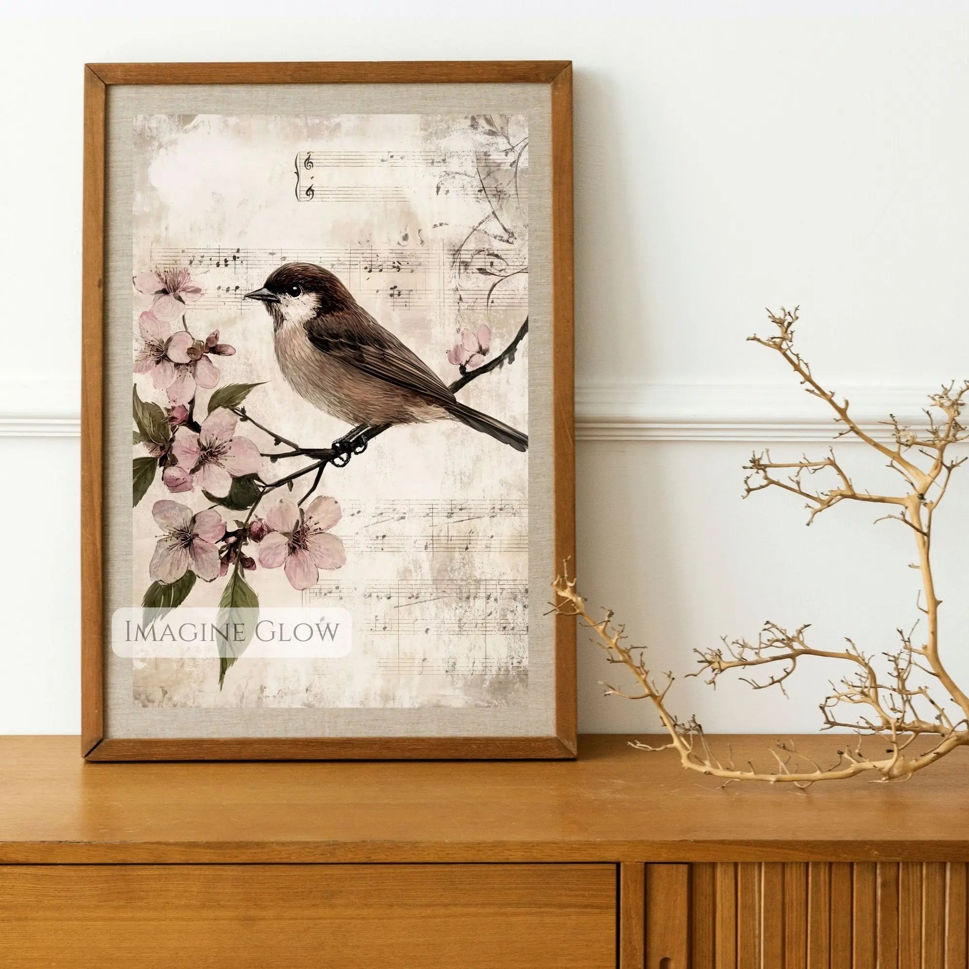 Spring-themed vintage bird print on blossoming branch
