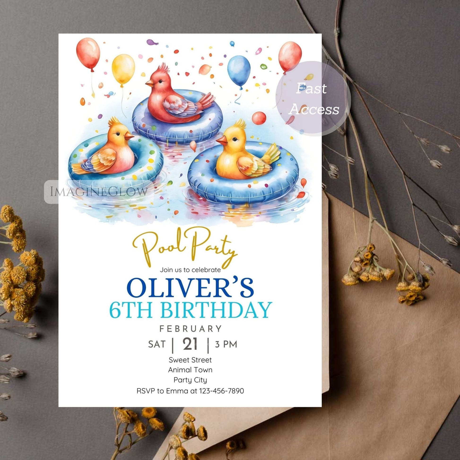 Personalized summer birthday invite with birds
