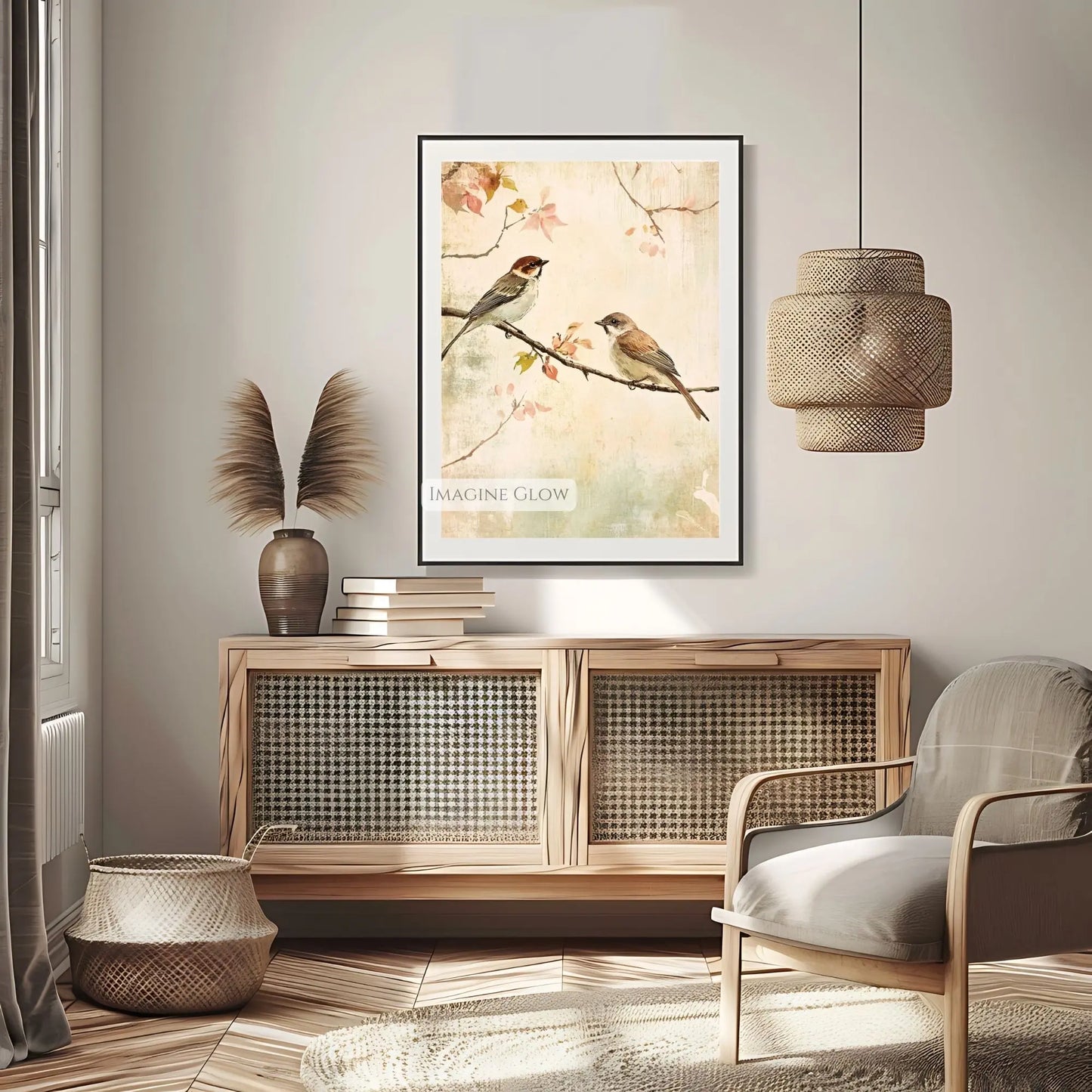 Antique bird art featuring two birds perched in nature.
