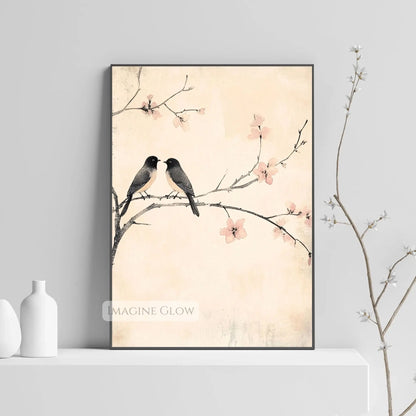 Antique birds perched on a flowering tree branch
