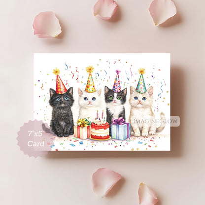 Card with four kittens in party hats around a birthday cake and presents on a light pink background.