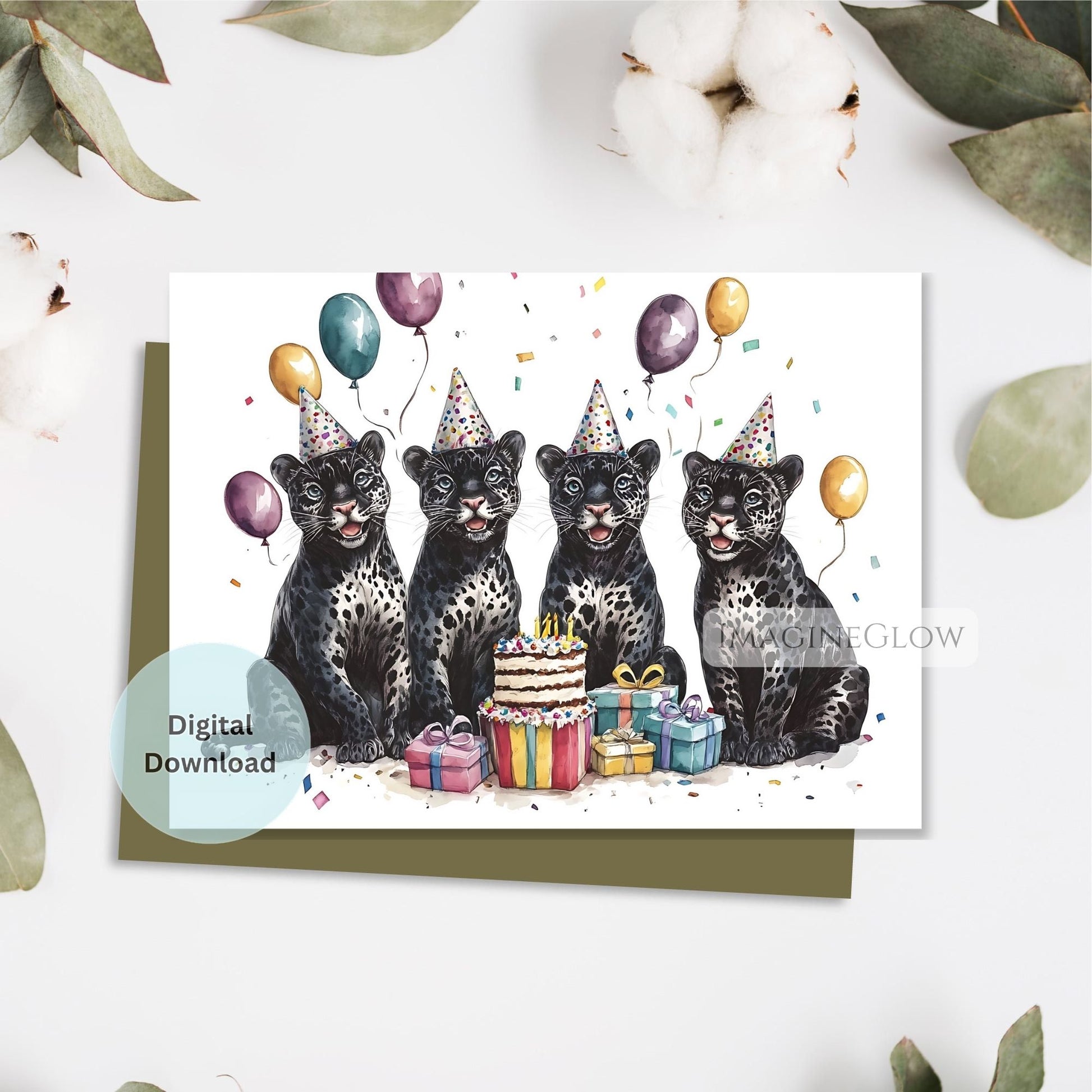 Four black panther birthday card printable
Printable birthday card featuring four black panthers
