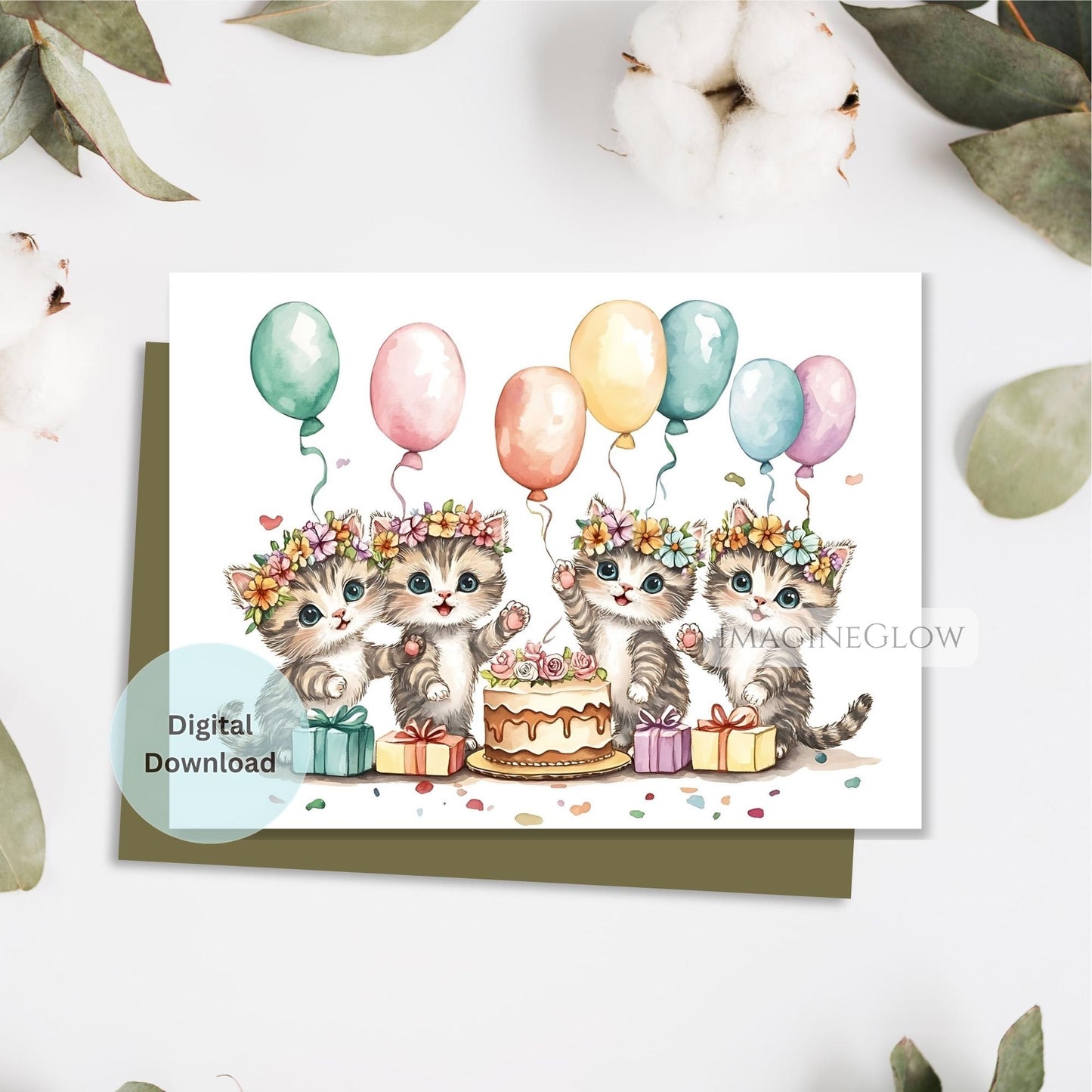Illustration of three kittens with balloons and a cake on a card