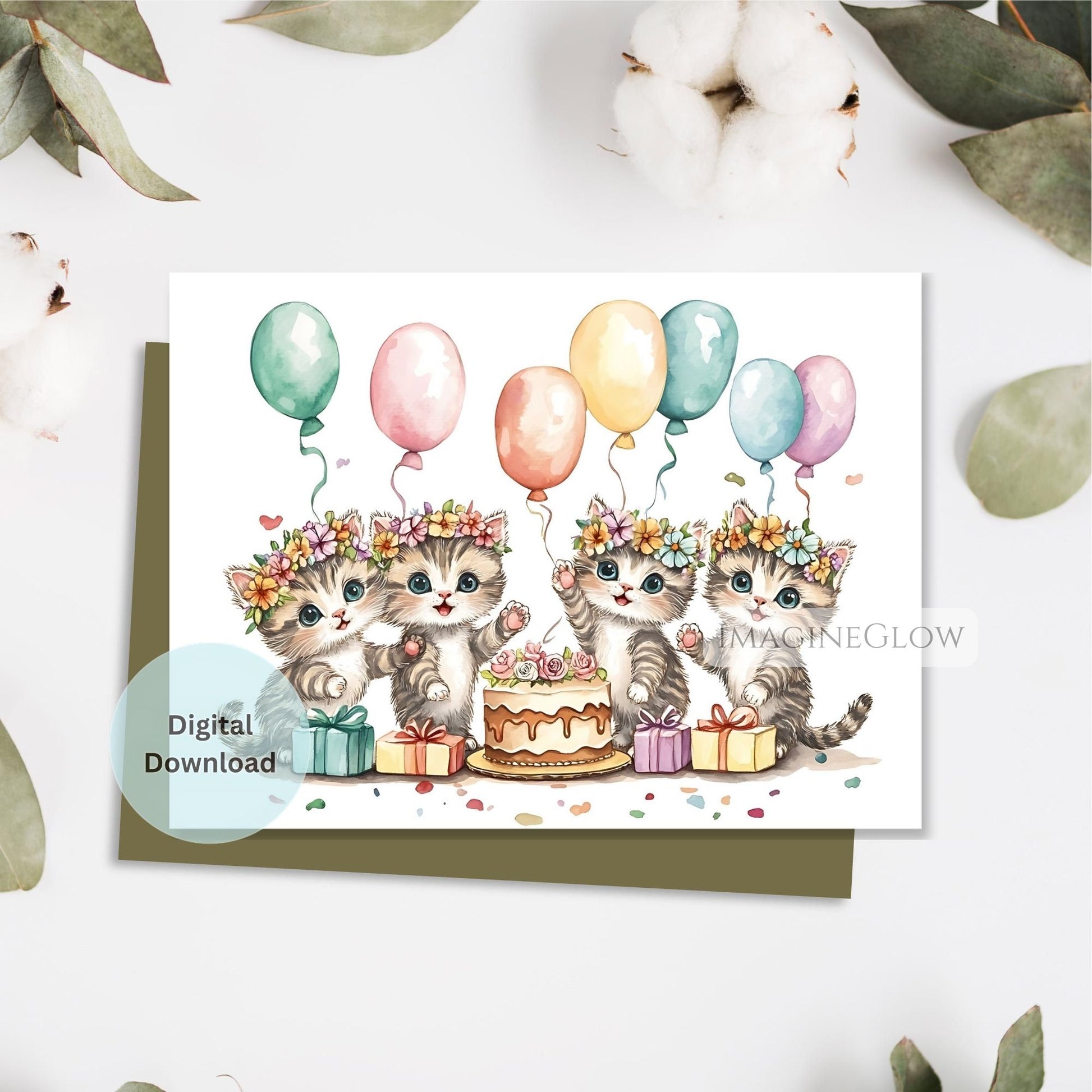 Illustration of three kittens with balloons and a cake on a card