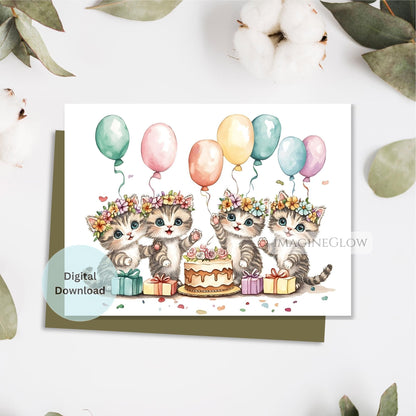 Illustration of three kittens with balloons and a cake on a card