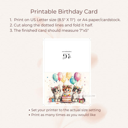 Birthday card with adorable kitten and spring flowers
Printable floral cat birthday greeting card