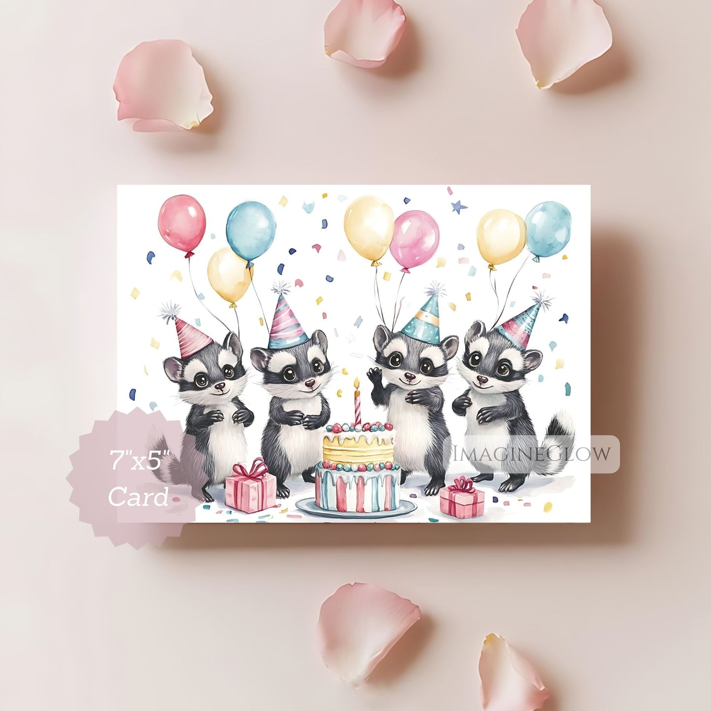Birthday card with raccoons and balloons on a light pink background
