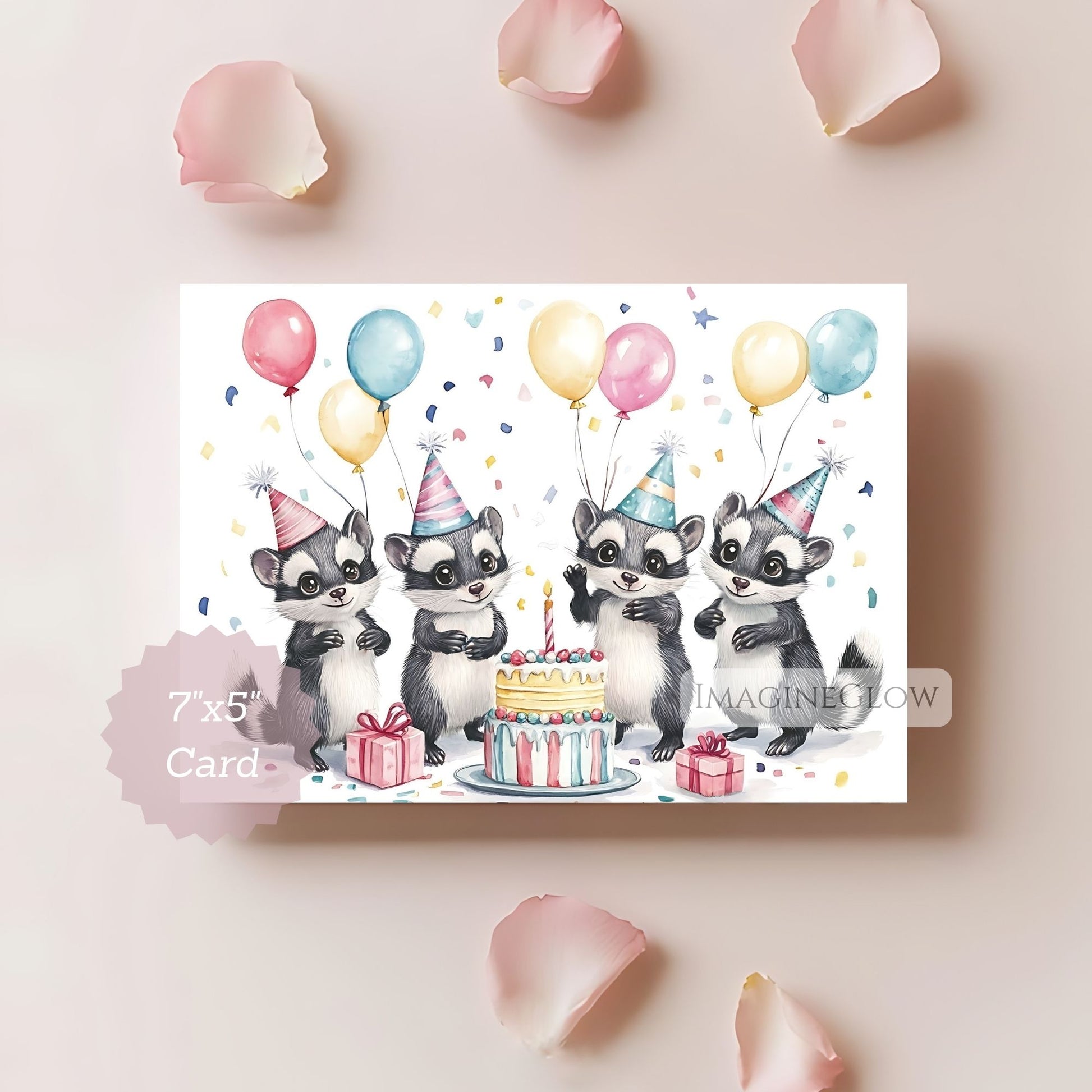 Birthday card with raccoons and balloons on a light pink background