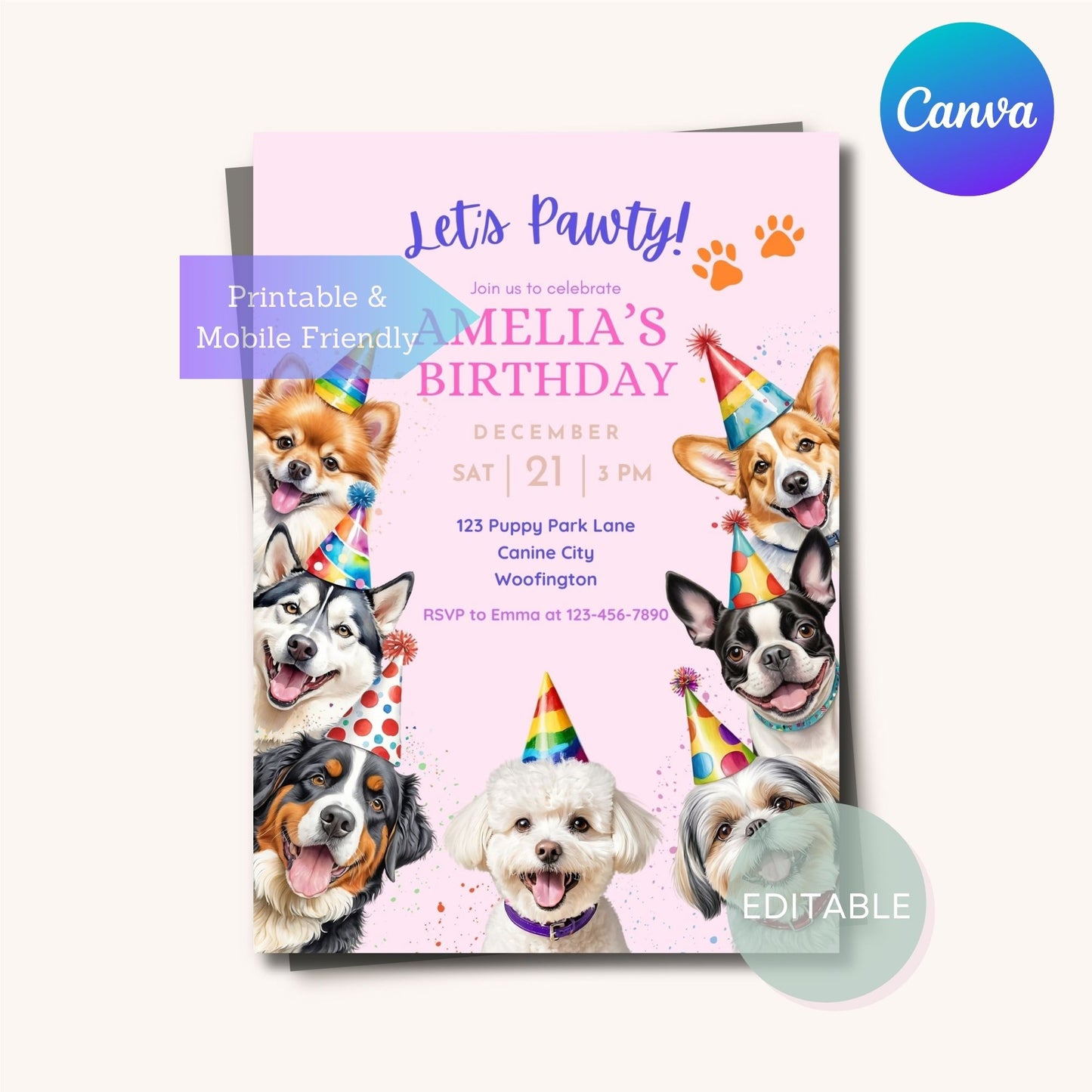 Mobile-friendly dog-themed invite featuring Pomeranian and Husky for all ages