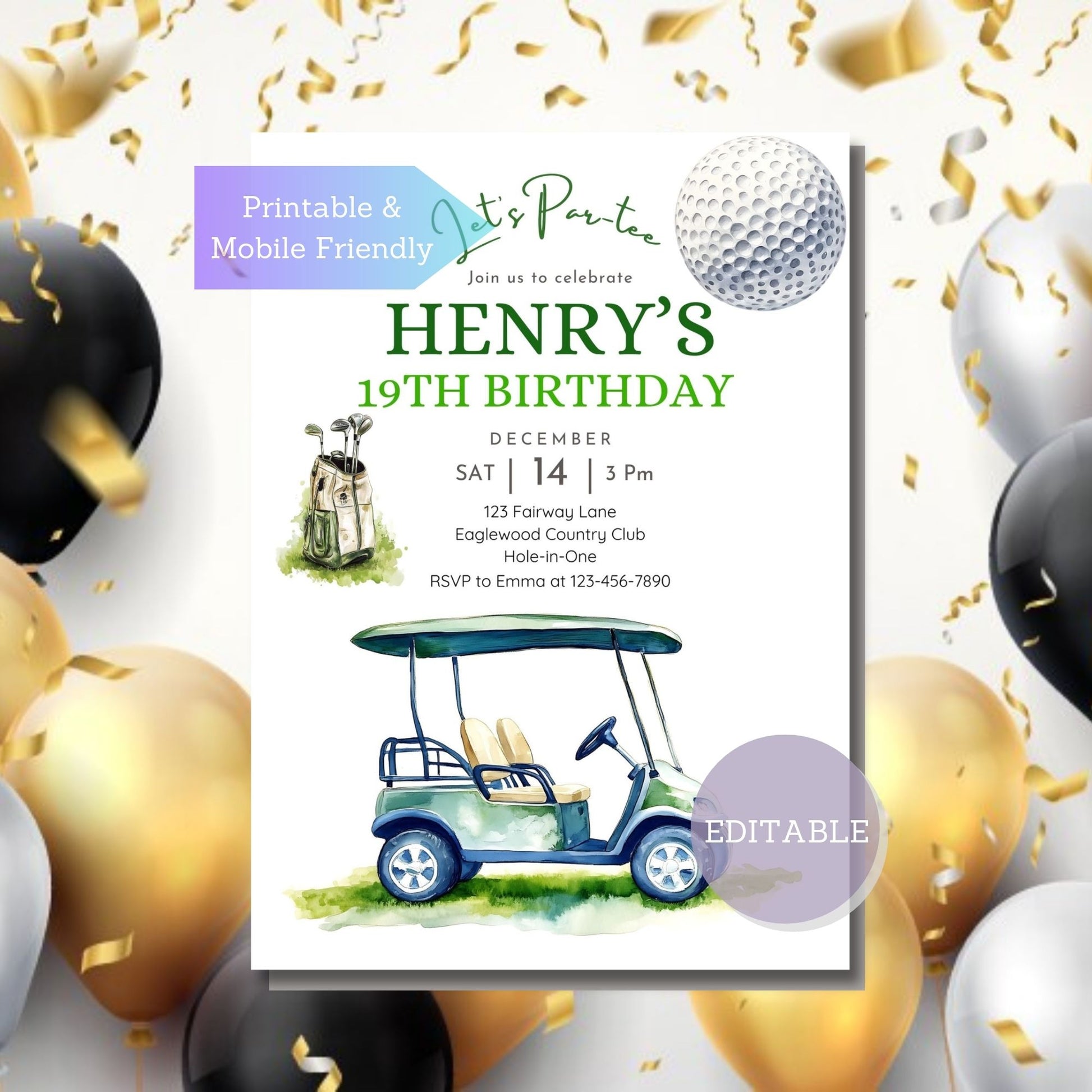 Fun and creative golf party invite with an editable golf ball design for a personalized touch