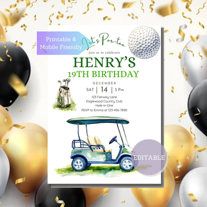 Fun and creative golf party invite with an editable golf ball design for a personalized touch