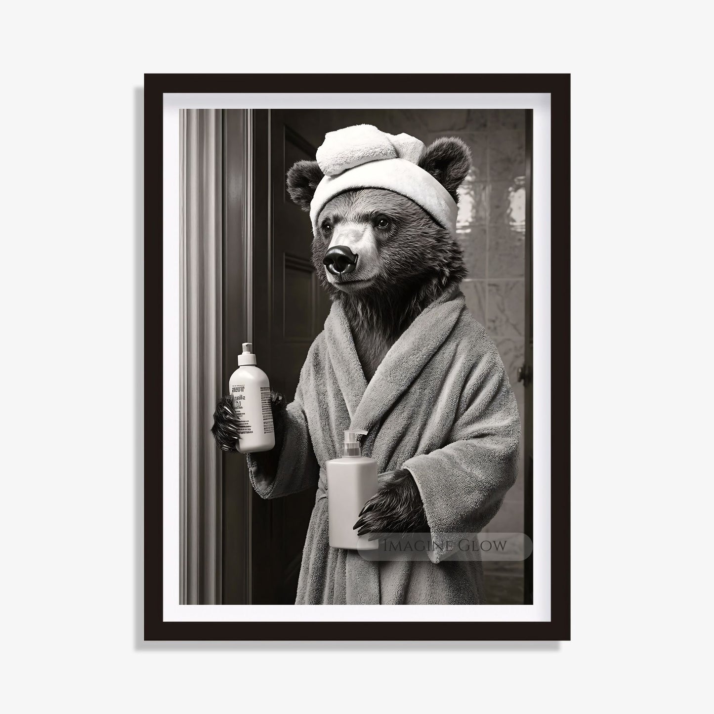 Bear print animal bathroom wall art black and white
