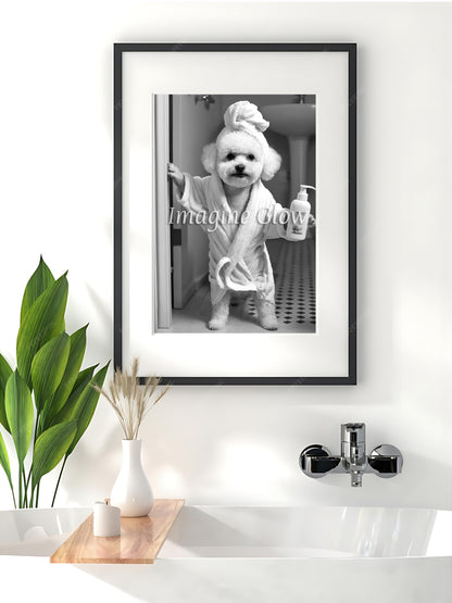 Funny dog bathroom art featuring a Bichon Frise Maltese Stylish Bichon black and white bathroom print