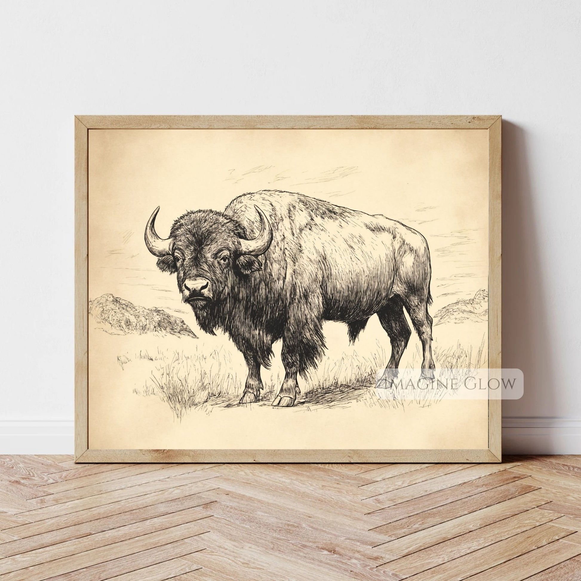 Hand-drawn bison illustration in Western style.
