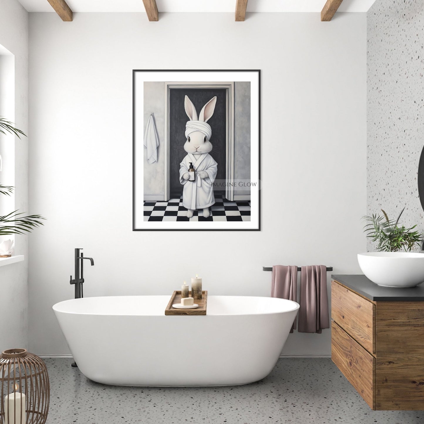 Bunny in bathrobe holding soap bottle kid bathroom art
