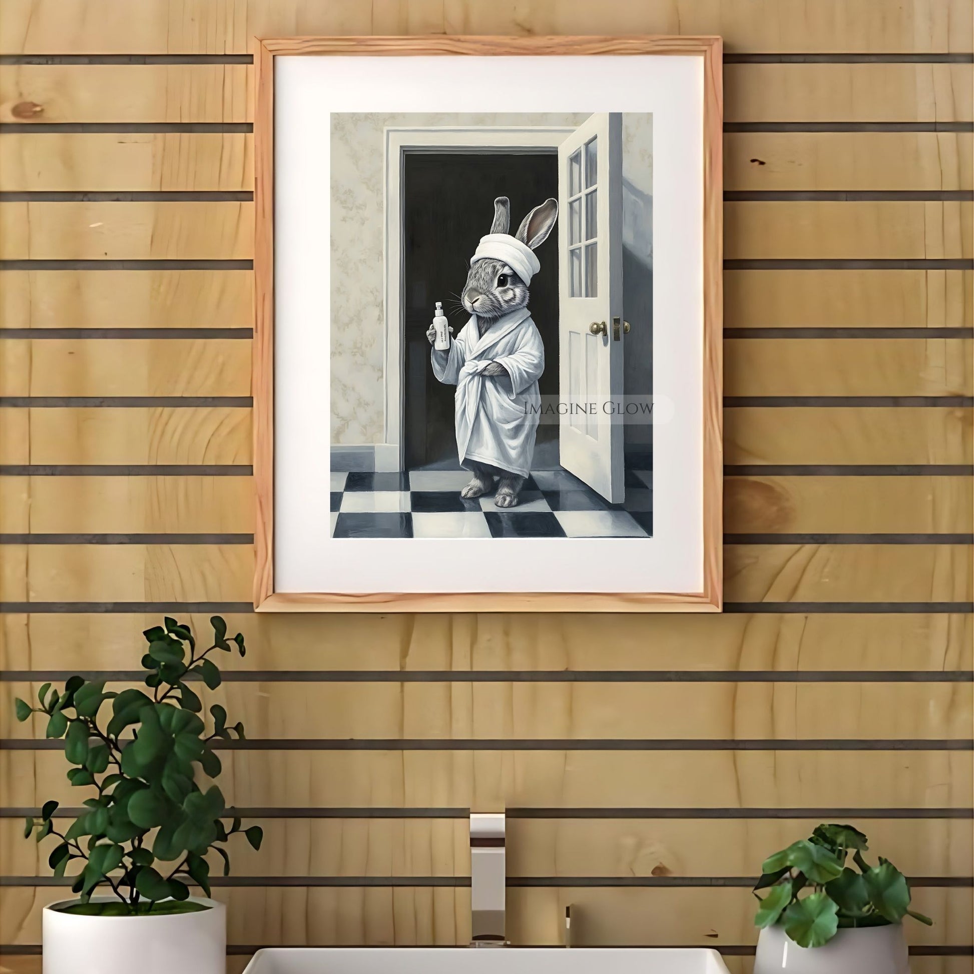 Bunny in bathrobe black and white bathroom art
