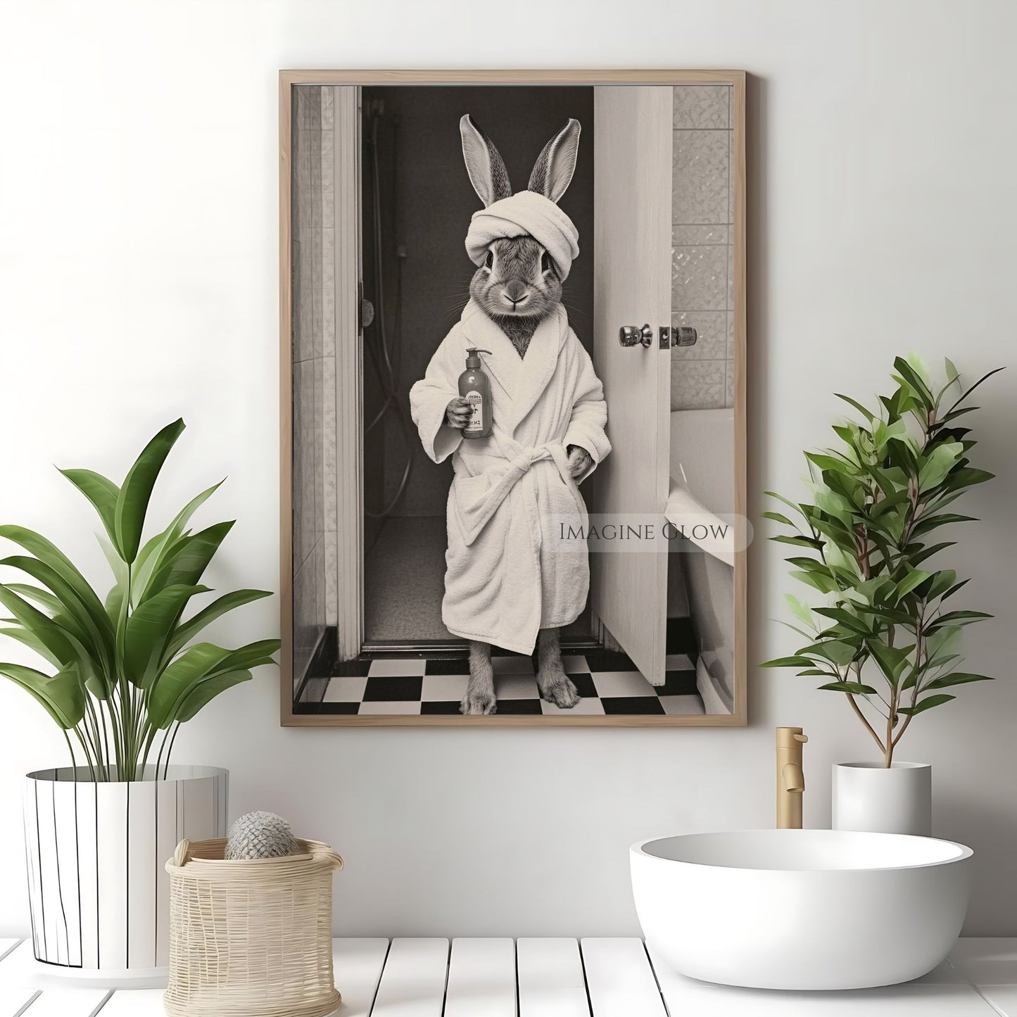 Funny rabbit bathroom decor with soap bottle
