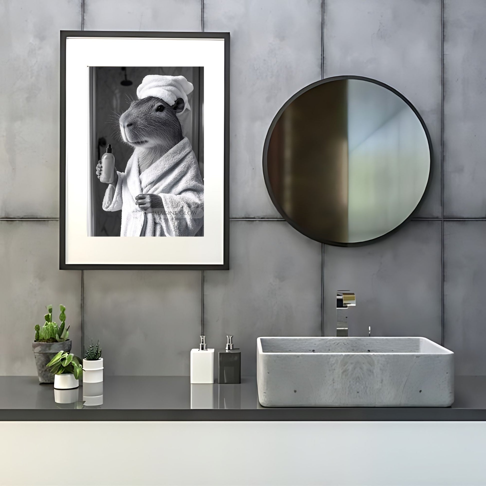 Black and white capybara bathroom wall art for decor
