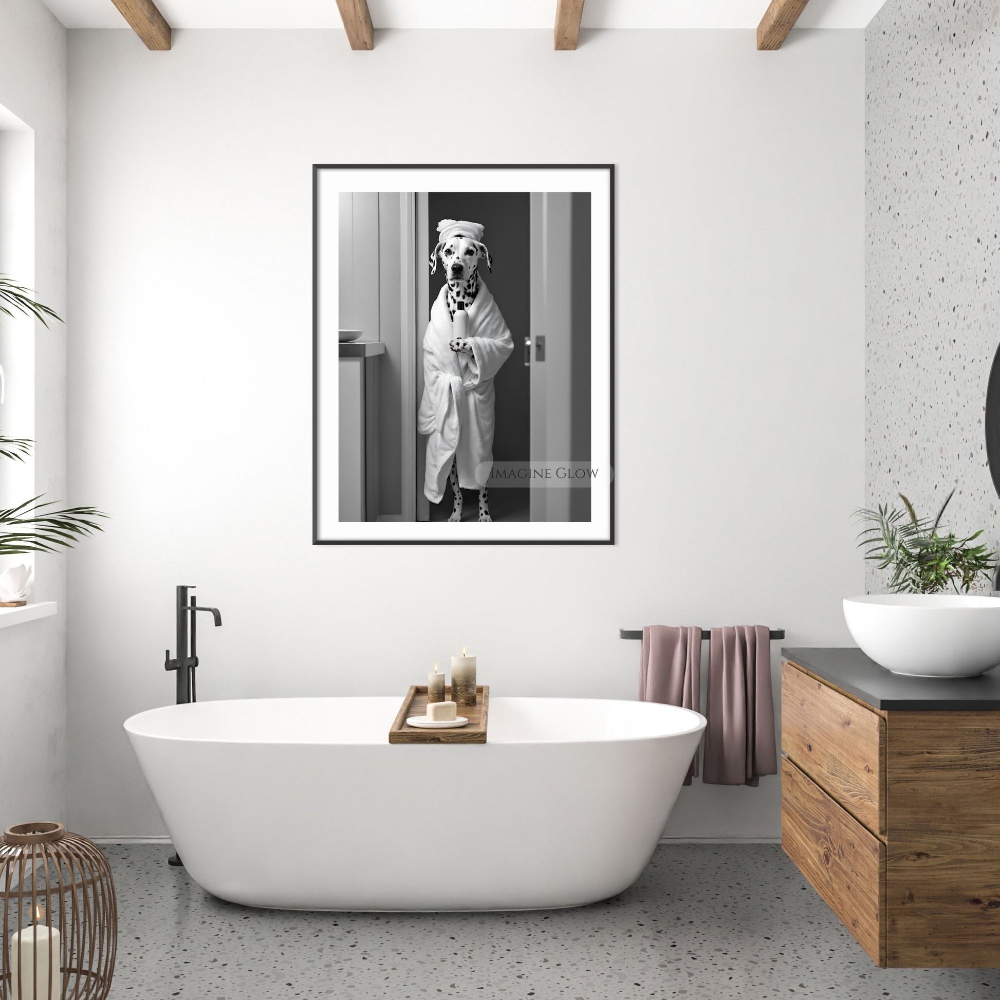 Funny Dalmatian dog in a bathrobe, black-and-white bathroom art
