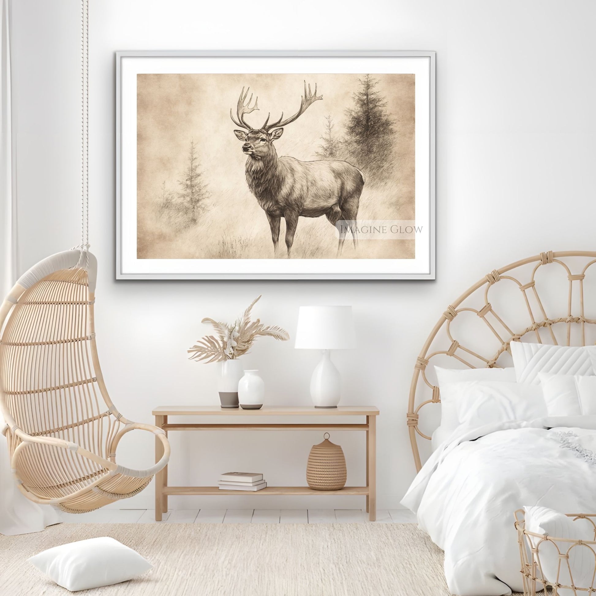 Vintage black-and-white deer sketch for elegant walls.
