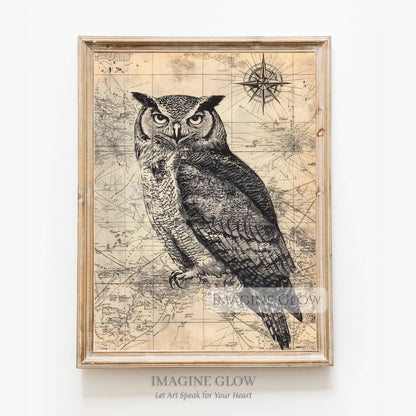 Black and white owl bird on antique map
