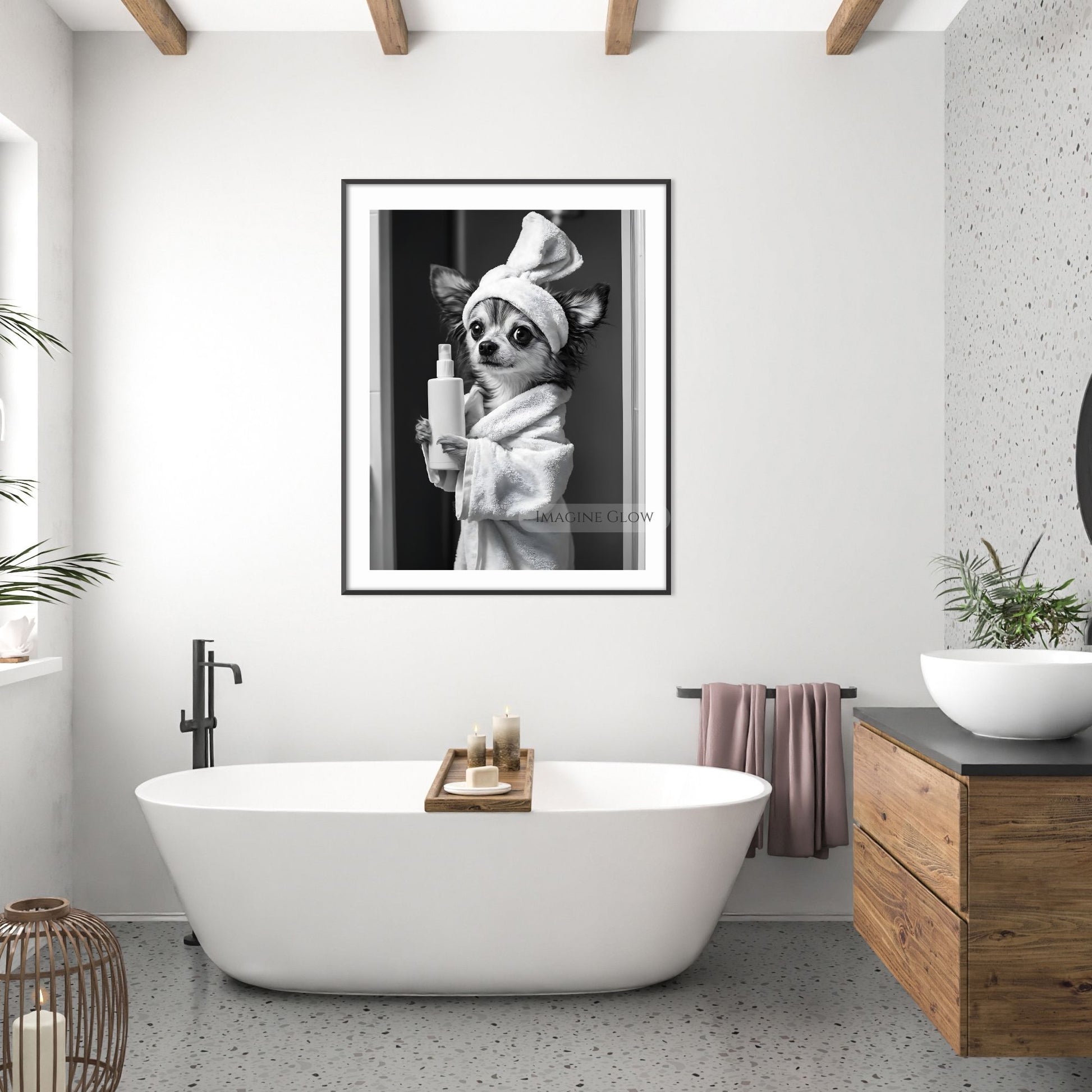 Funny Papillon dog in bathrobe, black-and-white bathroom art
