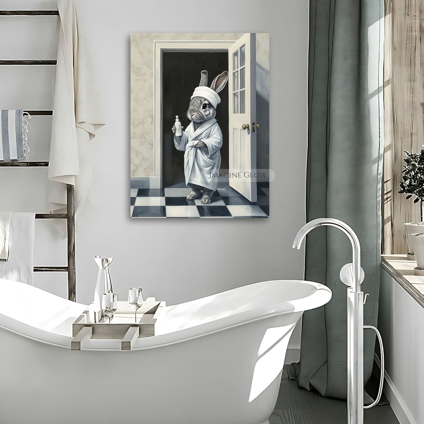 Cute bunny bathroom art print black and white
