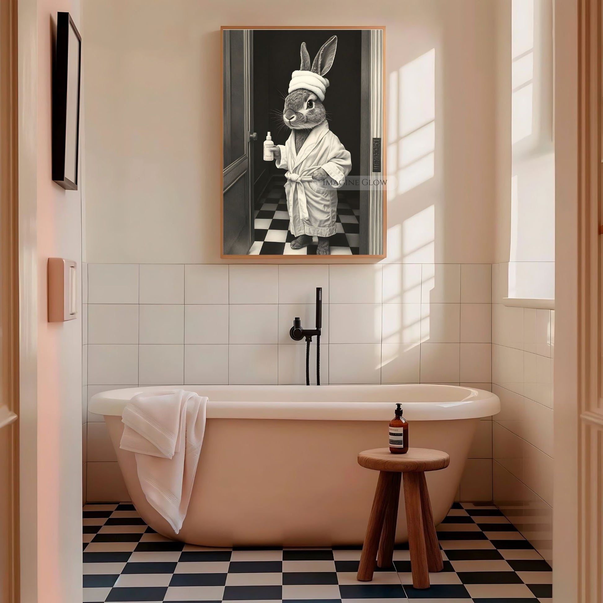 Funny rabbit in bathrobe bathroom print
