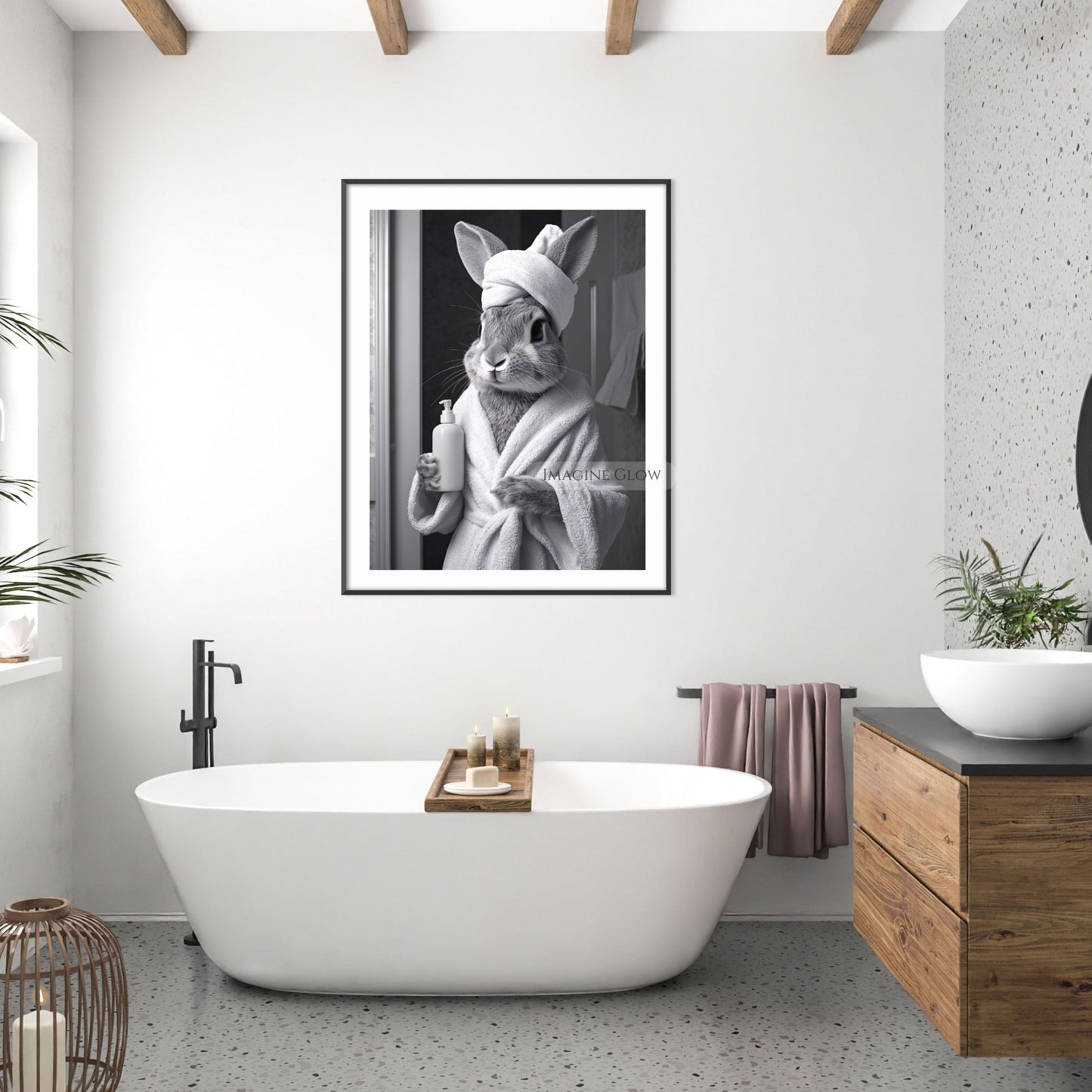 Rabbit bathrobe art for bathroom
