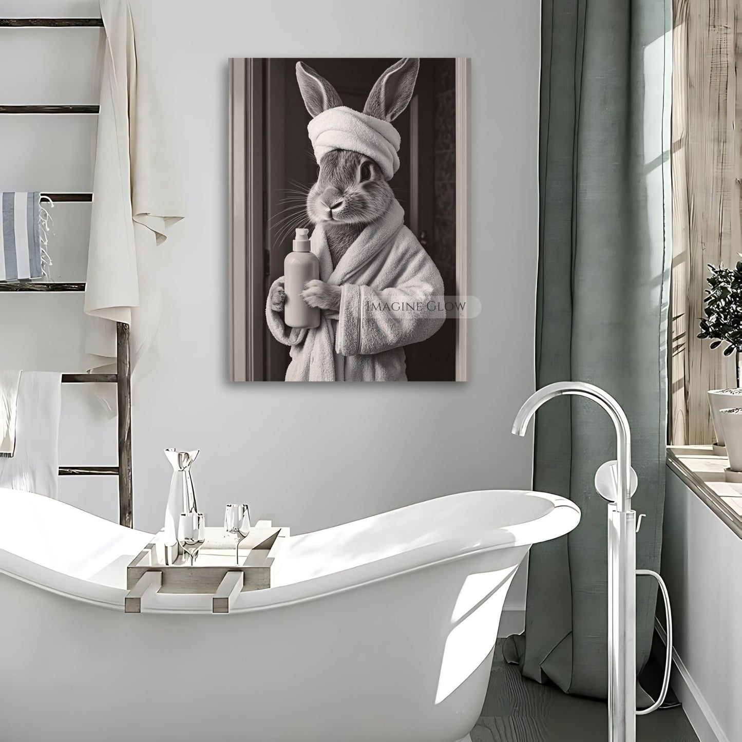 Funny bunny bathroom art with soap bottle
