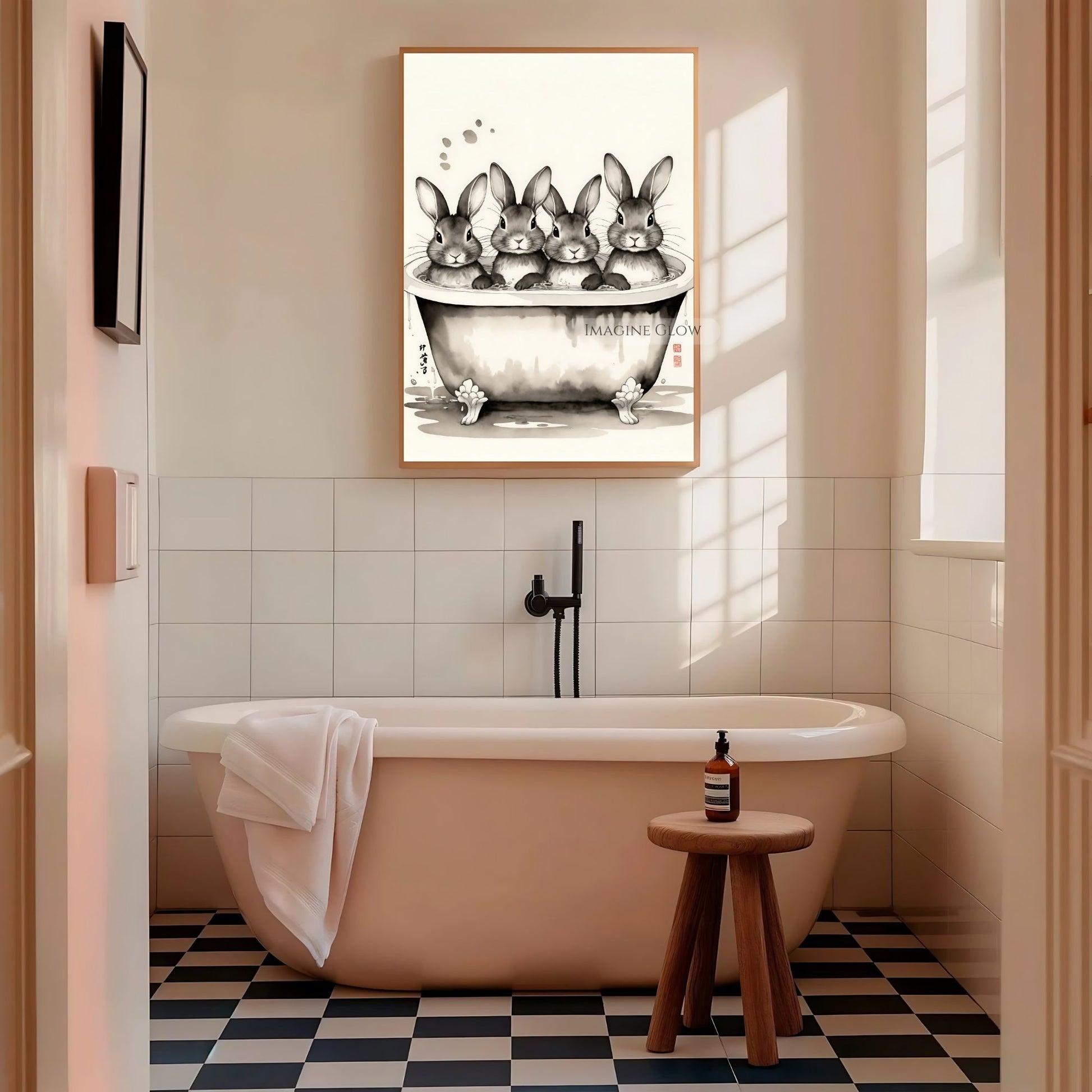 Vintage rabbit bathroom illustration in black and white
